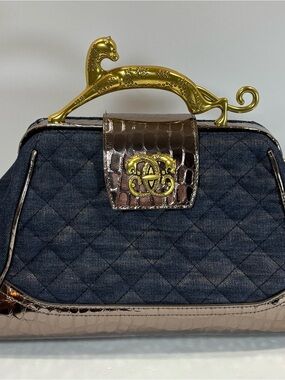 Vintage Sharif 1827 Denim Leather Satchel Bag W/ Cougar Gold Handle Metallic EUC